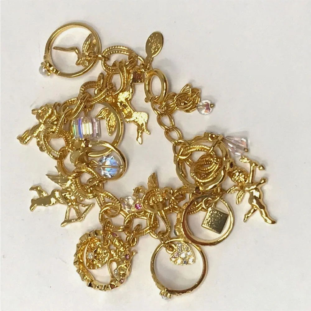 Kirks Folly charm bracelet crystal gold rings hearts cherubs dangles -Bnwot - Picture 3 of 15
